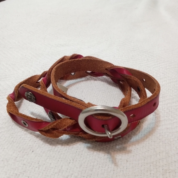 Red Fossil Belt Flower Stud Skinny Braided Leather Women's Size Large 35” - 39” - Picture 1 of 7